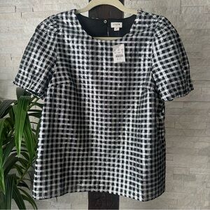 J. CREW Factory Metallic Silver Black Check Plaid Blouse  Size M New with Tags